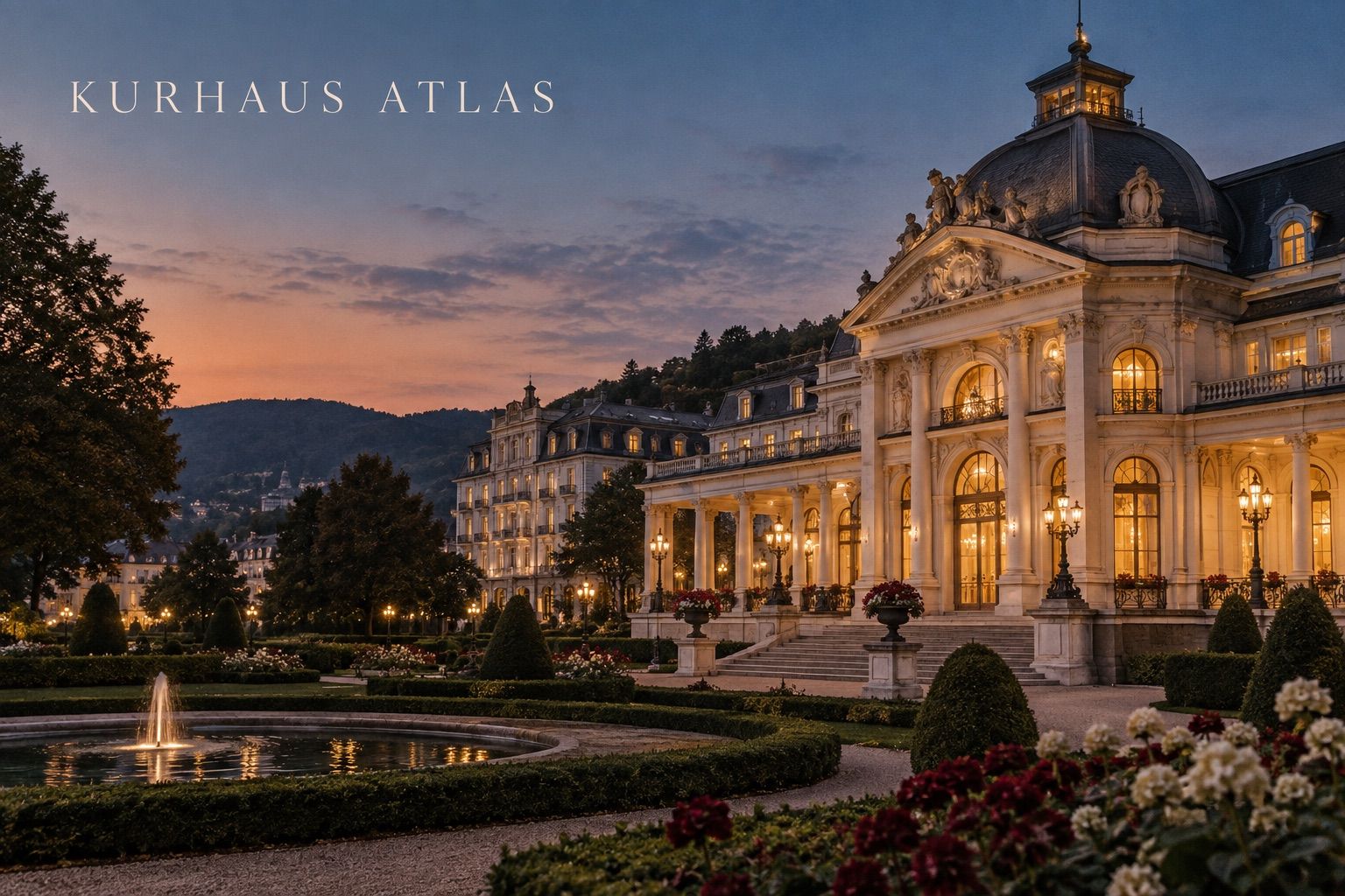Stilisierte Kurhausarchitektur in einem Garten bei Abendlicht